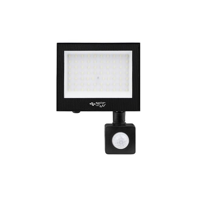 Naświetlacz LED halogen 50W z czujnikiem ruchu, oświetlenie w kolorze białym neutralnym. Produkt ma prostokątny kształt z białą powierzchnią LED i czarną obudową. Czujnik ruchu umieszczony z boku. Wodoszczelność IP65, idealny do użytku zewnętrznego.
