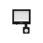 Naświetlacz LED halogen 50W z czujnikiem ruchu, oświetlenie w kolorze białym neutralnym. Produkt ma prostokątny kształt z białą powierzchnią LED i czarną obudową. Czujnik ruchu umieszczony z boku. Wodoszczelność IP65, idealny do użytku zewnętrznego.