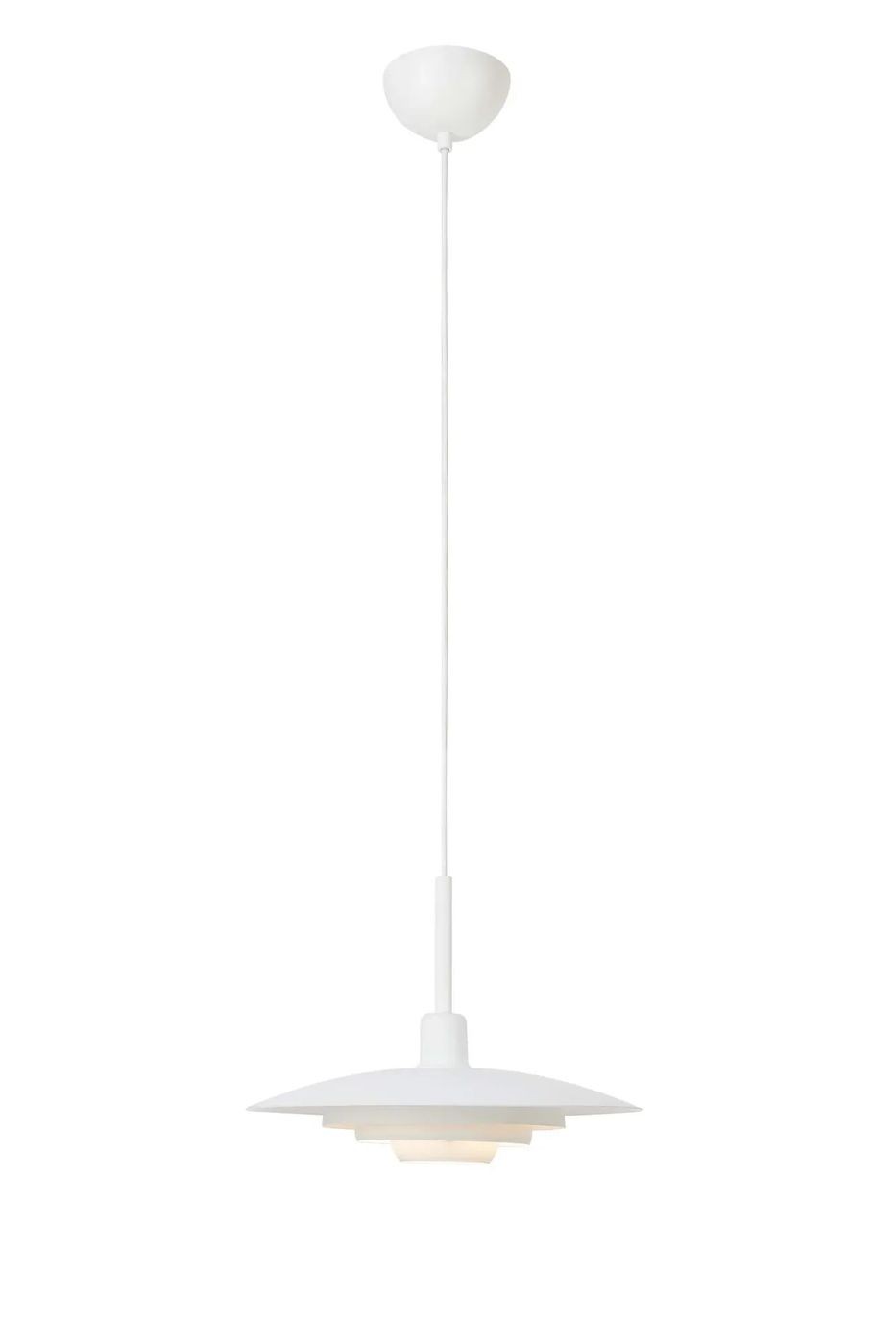 Lampa wisząca E27 w kolorze białym z okrągłym kloszem i cienkim, białym przewodem. Klosz ma płaską, lekko zwężającą się formę, zawieszony na długim uchwycie, idealna do nowoczesnych wnętrz. Tło proste, białe.