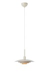 Beżowa lampa wisząca E27 o nowoczesnym, minimalistycznym designie. Posiada szeroki, okrągły klosz z trzema warstwami, zawieszona na cienkim przewodzie, z okrągłym mocowaniem sufitowym. Idealna do oświetlenia wnętrz w stylu skandynawskim.