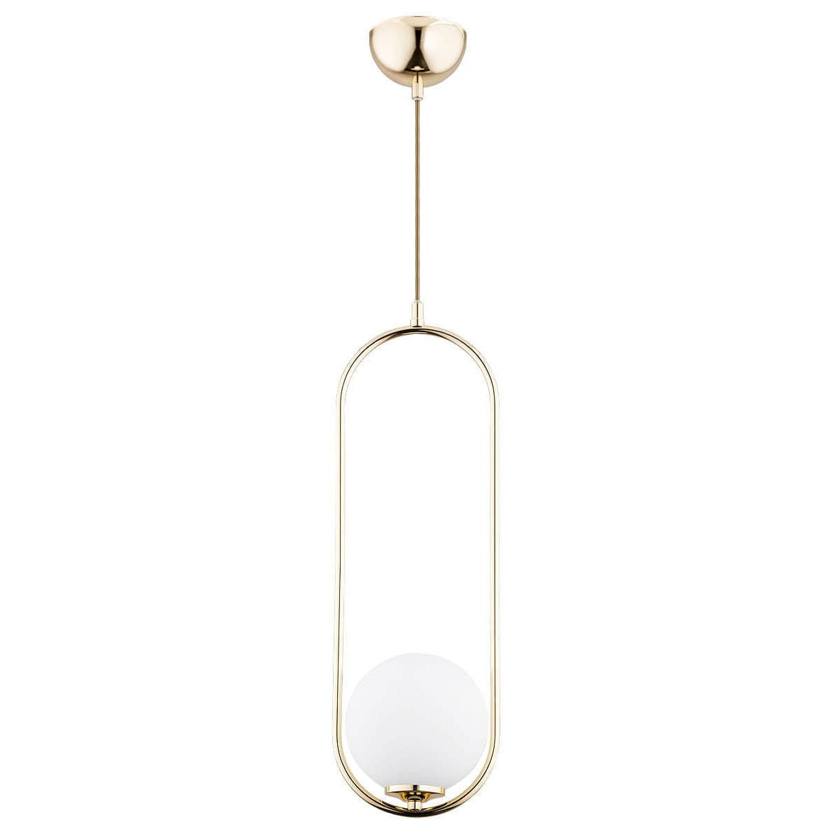 Lampa wisząca Noval L w kolorze złotym, o opływowym kształcie. Zawiera biały, szklany klosz w formie kuli umieszczony w metalowej ramie. Ujęcie frontalne, produkt zawieszony na cienkim kablu.