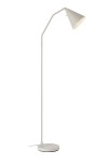 Beżowa lampa podłogowa LED Funil 4,9W o minimalistycznym designie. Posiada metalowy, stożkowy klosz oraz prostą, smukłą nogę z okrągłą podstawą. Ujęcie frontalne, lampa stojąca, idealna do użytku w salonie lub biurze.