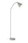 Lampa podłogowa LED Funil o mocy 4,9W w kolorze szarym, z metalowym, smukłym stelażem oraz stożkowym kloszem. Ujęcie z boku, pokazujące lekko wygiętą konstrukcję i okrągłą podstawę. Idealna do nowoczesnych wnętrz.