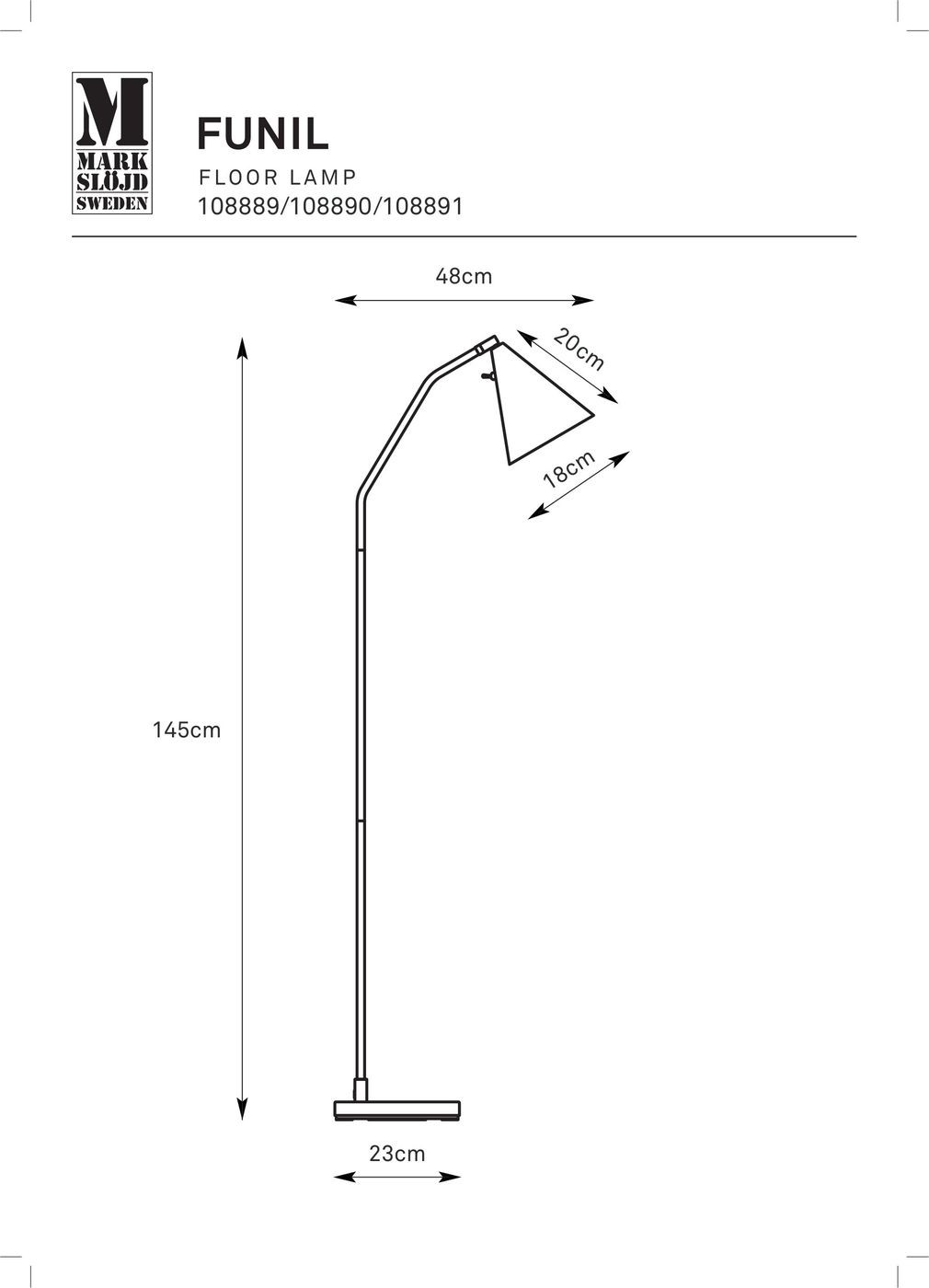 Lampa podłogowa LED Funil w szarym kolorze, o wysokości 145 cm i podstawie 23 cm. Klosz o wymiarach 20 cm na 18 cm, zamocowany na elastycznym ramieniu, które umożliwia regulację kąta. Prosty, nowoczesny design pasujący do różnych wnętrz.