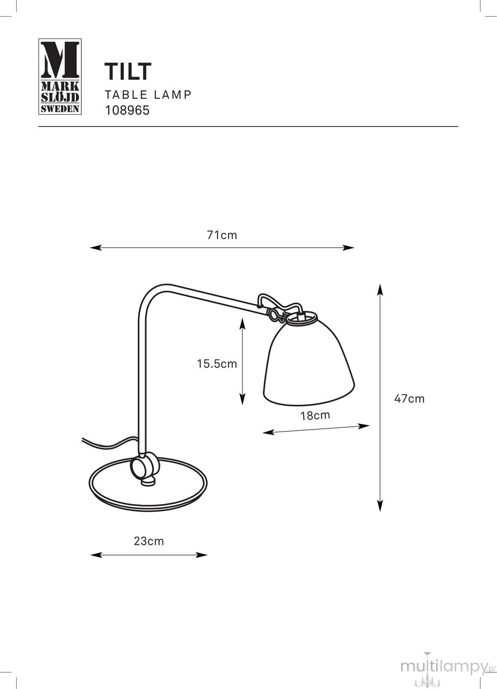 Lampa stołowa Tilt w kolorze szarym, z metalowym stelażem, posiada klosz o średnicy 18 cm i wysokości 15,5 cm. Ujęcie boczne, z poziomą ramą o wymiarach 71 cm. Podstawa o średnicy 23 cm, z widocznym przewodem. Wysokość całkowita 47 cm.