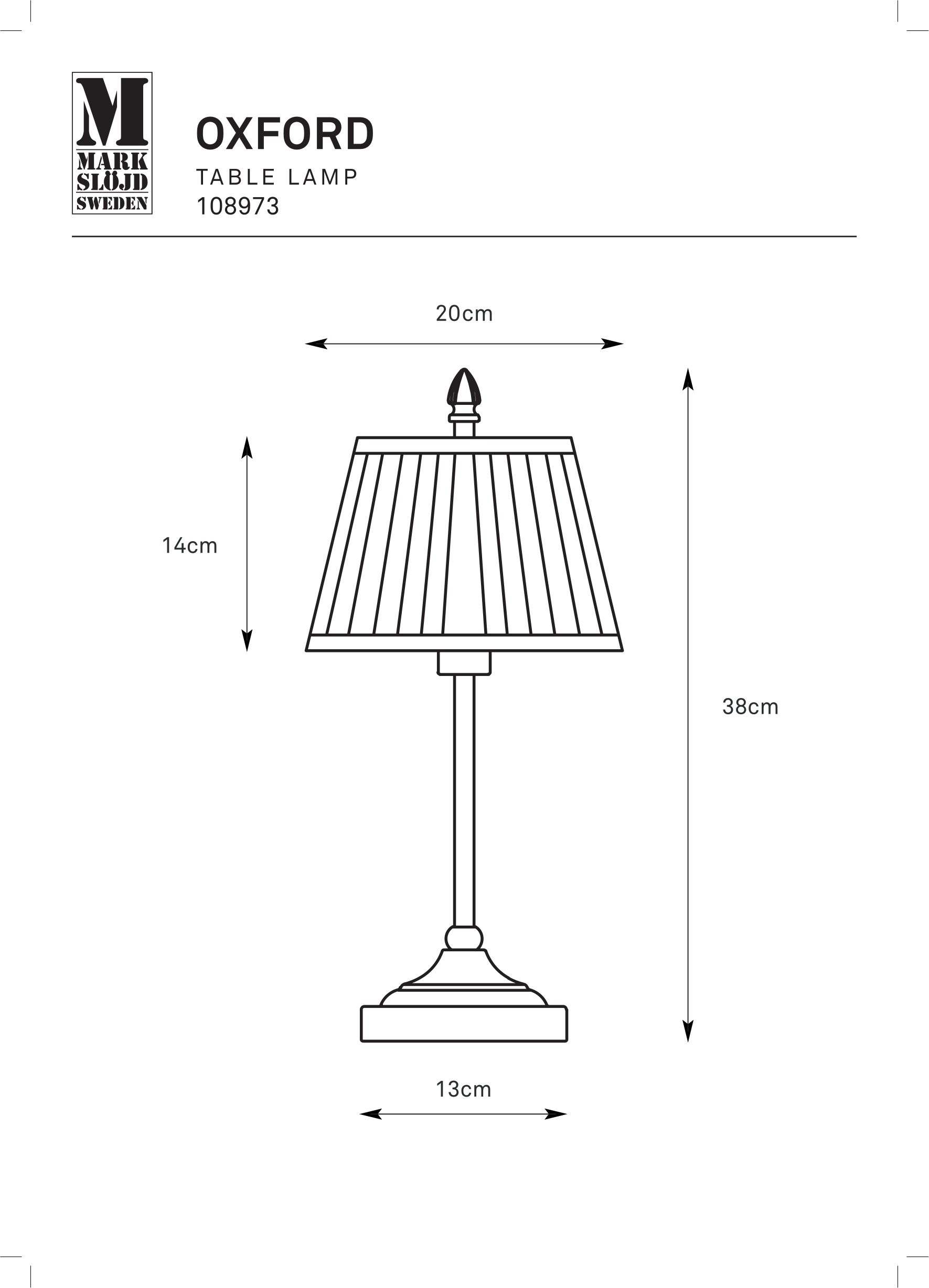 Lampa stołowa Oxford E14 w kolorze antycznego mosiądzu, z abażurem o wysokości 14 cm i średnicy 20 cm. Stojąca konstrukcja z podstawą o średnicy 13 cm, wysokość całkowita wynosi 38 cm. Klasyczny design z plisowanym abażurem.