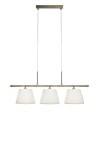 Lampa wisząca Oxford w antycznym mosiądzu z trzema uchwytami na żarówki E14. Ma białe, plisowane klosze i jest zawieszona na cienkich linkach. Produkt jest zamontowany poziomo, idealny do jadalni lub kuchni. Tło białe.