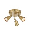 Tiny lampa sufitowa spot w kolorze mosiądzu z trzema regulowanymi kloszami na żarówki GU10. Ujęcie z dołu, ukazujące elegancki design i metaliczne wykończenie. Lampa zamontowana na okrągłej podstawie, idealna do nowoczesnych wnętrz.