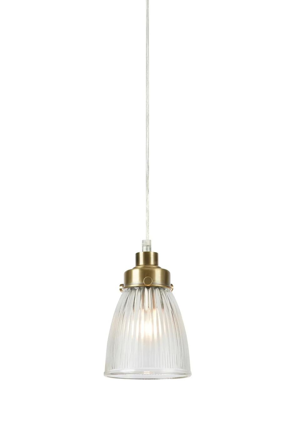 Lampa wisząca Bellis E14 w antycznym mosiądzu, z przezroczystym kloszem o żłobionej fakturze. Zawieszona na cienkim przewodzie, prezentuje się w ujęciu frontalnym, ukazując stylowy design i źródło światła wewnątrz klosza.