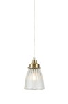 Lampa wisząca Bellis E14 w antycznym mosiądzu, z przezroczystym kloszem o żłobionej fakturze. Zawieszona na cienkim przewodzie, prezentuje się w ujęciu frontalnym, ukazując stylowy design i źródło światła wewnątrz klosza.