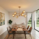 Lampa wisząca Sagito w kolorze beżowym z elementami złotymi, złożona z sześciu kulistych kloszy, zawieszona na minimalistycznej konstrukcji. Ujęcie frontalne w nowoczesnej jadalni z drewnianym stołem i stylowymi krzesłami.