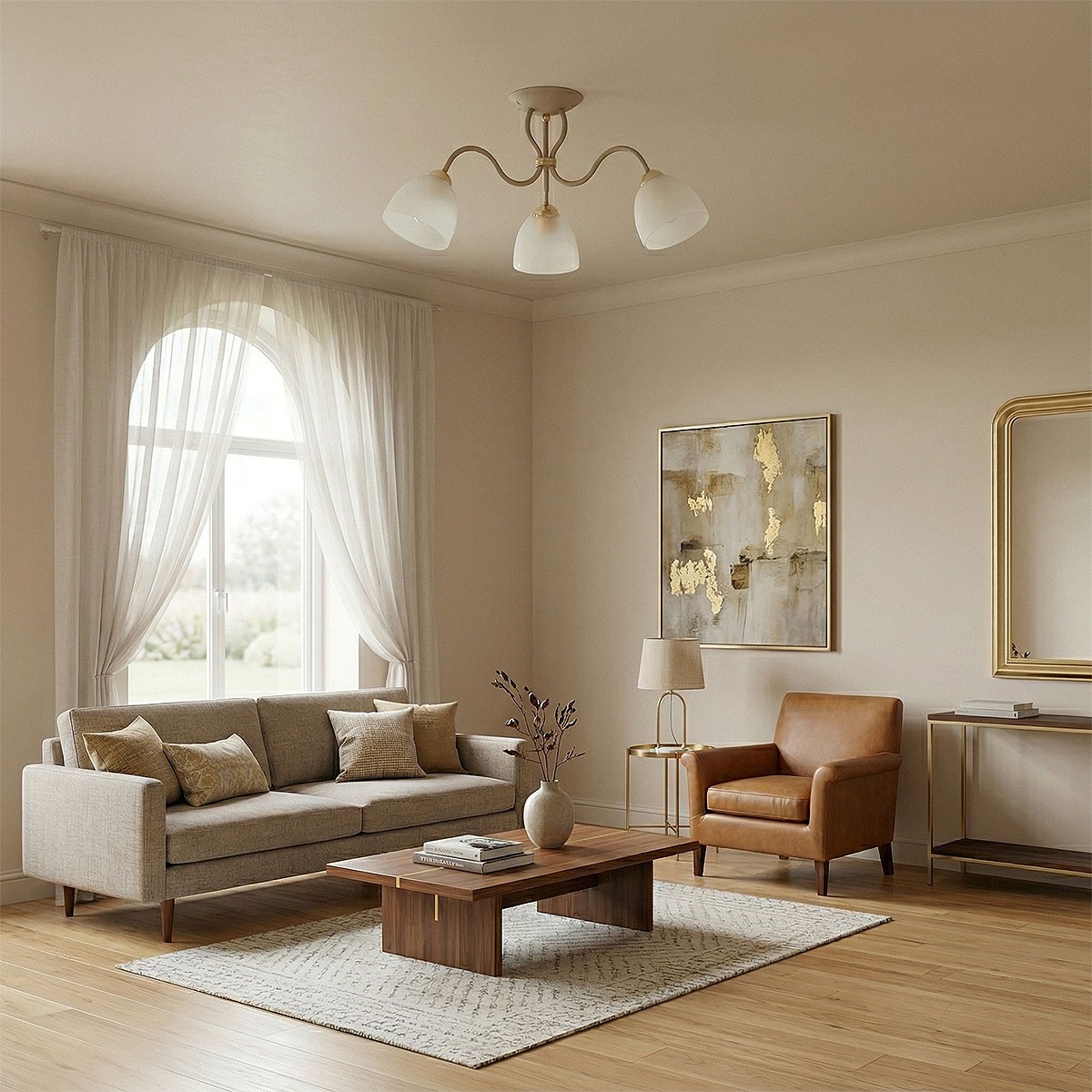 Lampa sufitowa Ariel w kolorze taupe z trzema kloszami w białym szkle, zawieszona na złotym stelażu. Widoczna w nowoczesnym wnętrzu z jasnymi ścianami, sofy w odcieniu beżowym oraz drewnianym stolikiem.