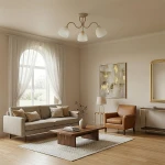 Lampa sufitowa Ariel w kolorze taupe z trzema kloszami w białym szkle, zawieszona na złotym stelażu. Widoczna w nowoczesnym wnętrzu z jasnymi ścianami, sofy w odcieniu beżowym oraz drewnianym stolikiem.