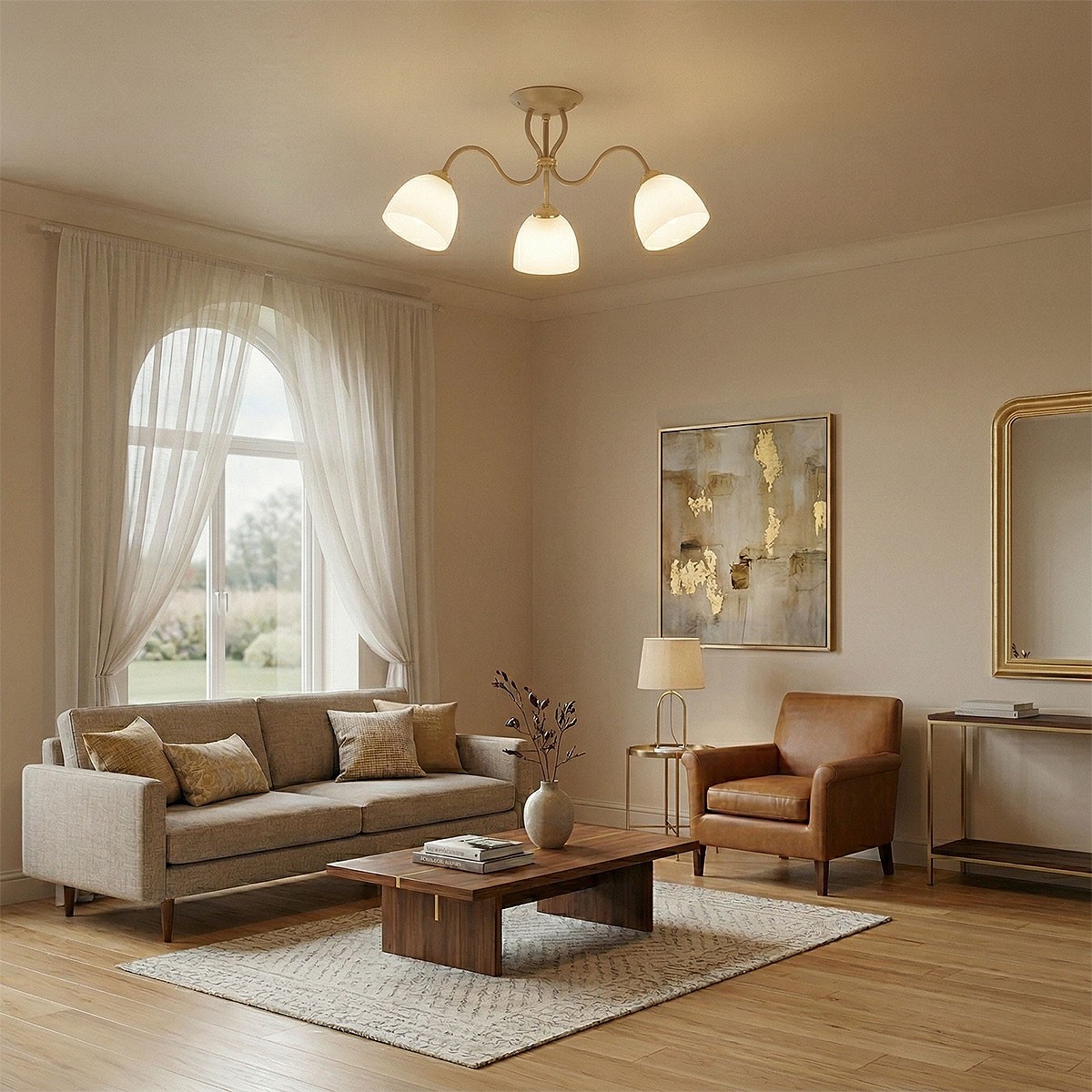 Lampa sufitowa Ariel 3xE27 w kolorze taupe i złotym, z trzema kloszami w kształcie stożka, zamontowana na suficie w jasnym wnętrzu z sofą, stolikiem kawowym i dekoracjami. Świeci w kierunku pomieszczenia, tworząc przytulną atmosferę.