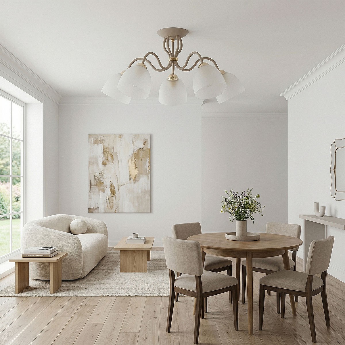 Lampa sufitowa Ariel 5xE27 w kolorze taupe z złotymi akcentami, z pięcioma kloszami w kształcie dzwonu, zamontowana na okrągłej podstawie. Widoczne w nowoczesnej aranżacji wnętrza z drewnianym stołem i jasnymi meblami.
