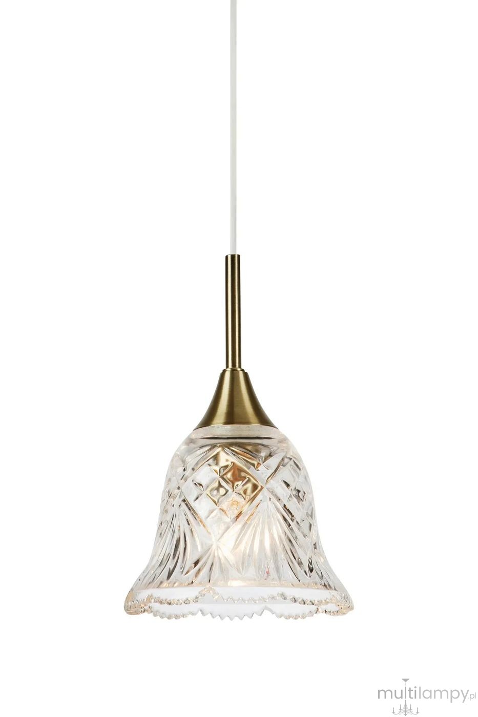 Lampa wisząca Luna E14 w antycznym mosiądzu z przezroczystym, szklanym kloszem w kształcie dzwonu, z wyraźnym, diamentowym wzorem. Produkt zawieszony na białym przewodzie, widok z przodu.
