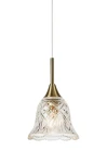 Lampa wisząca Luna E14 w antycznym mosiądzu z przezroczystym, szklanym kloszem w kształcie dzwonu, z wyraźnym, diamentowym wzorem. Produkt zawieszony na białym przewodzie, widok z przodu.