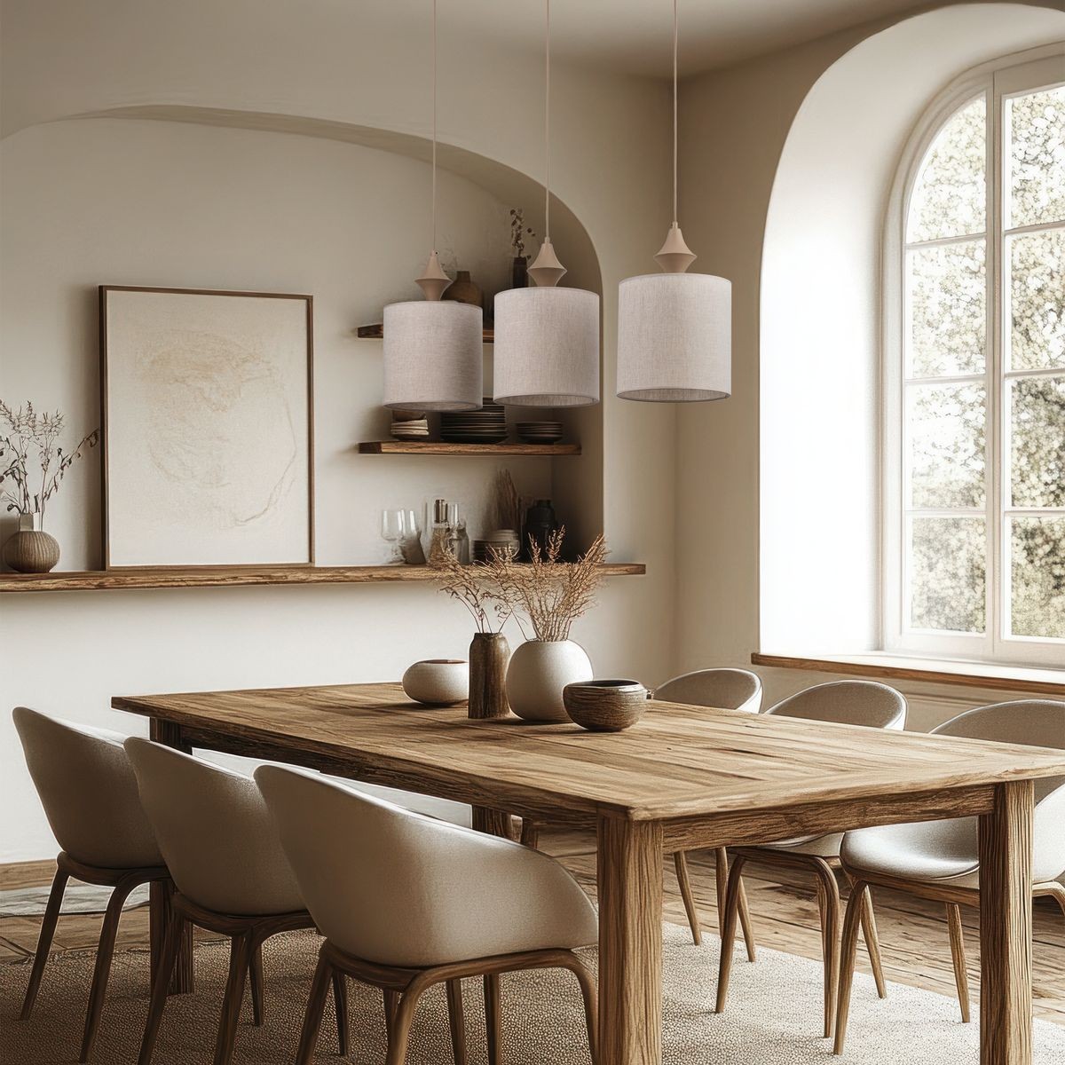 Lampa wisząca Amura 3xE27 w kolorze beżowym, wykonana z lnu. Zawieszona na długich kablach, w kształcie cylindrów, w eleganckim wnętrzu z drewnianym stołem i krzesłami. Tło w neutralnych odcieniach, z naturalnym światłem wpadającym przez duże okno.