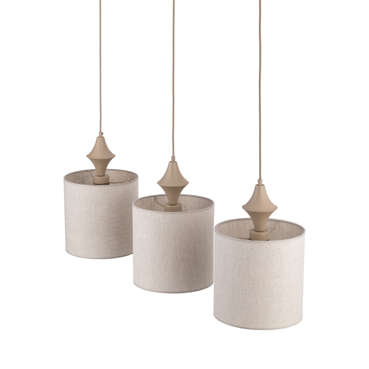 Lampa wisząca Amura 3xE27 w kolorze beżowym, z trzema okrągłymi kloszami z lnu, zawieszona na długich przewodach. Klosze mają gładką fakturę, a u góry znajdują się dekoracyjne elementy w kształcie stożków.
