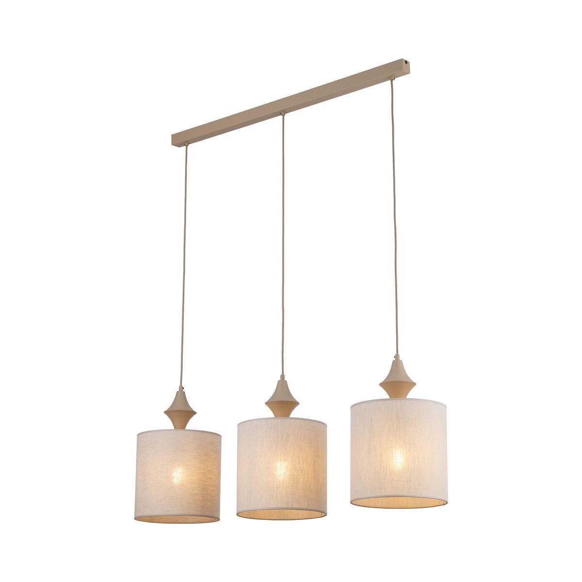 Lampa wisząca Amura 3xE27 w kolorze beżowym z materiałowym kloszem. Posiada trzy okrągłe klosze zawieszone na prostokątnej, metalowej belce. Klosze mają jasne wykończenie, co tworzy subtelne oświetlenie.