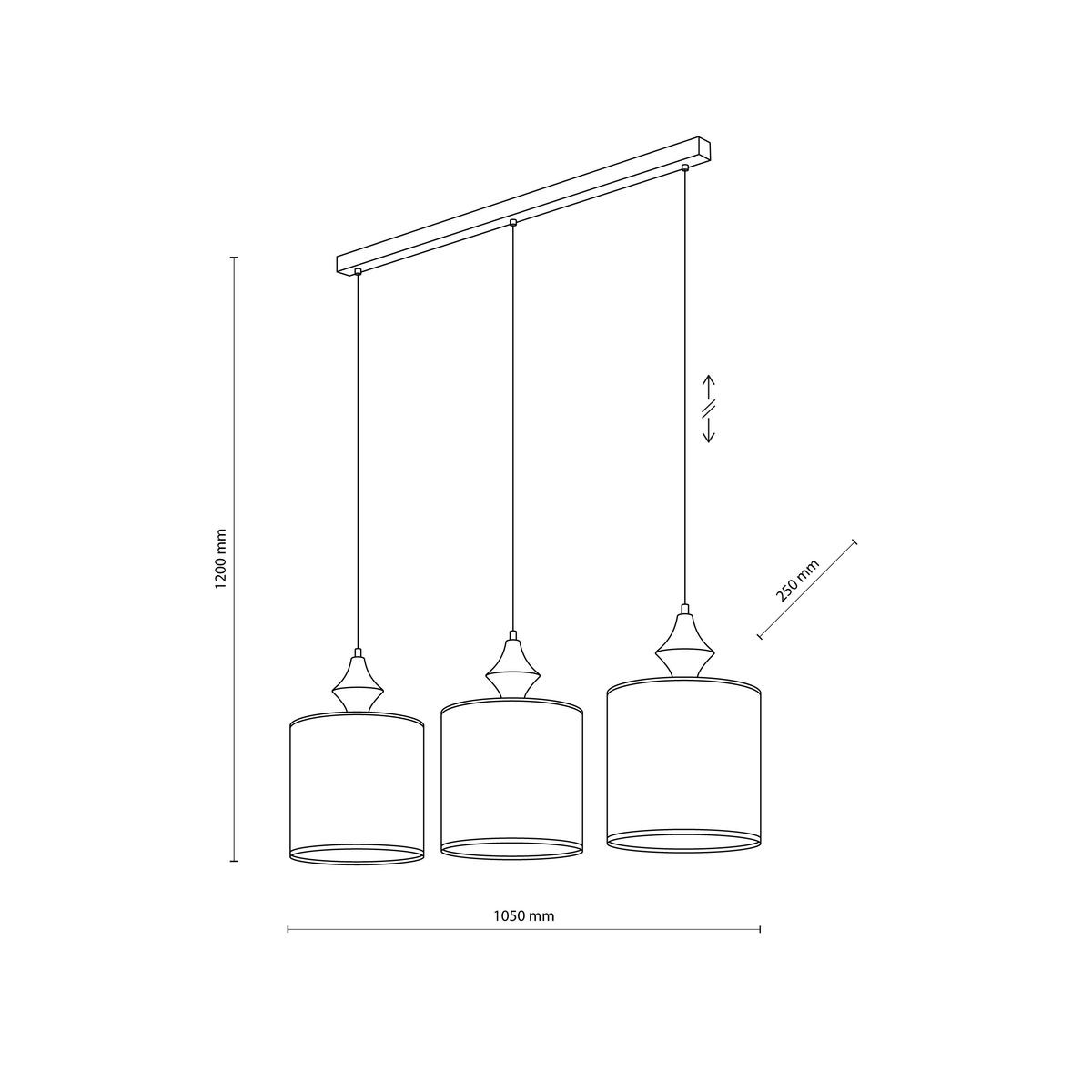 Lampa wisząca Amura 3xE27 w kolorze beżowym z trzema cylindrycznymi kloszami zawieszonymi na cienkich linkach. Wymiary: wysokość 1200 mm, szerokość 1050 mm, możliwość regulacji wysokości. Prosta konstrukcja z eleganckimi detalami.
