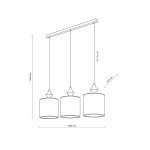 Lampa wisząca Amura 3xE27 w kolorze beżowym z trzema cylindrycznymi kloszami zawieszonymi na cienkich linkach. Wymiary: wysokość 1200 mm, szerokość 1050 mm, możliwość regulacji wysokości. Prosta konstrukcja z eleganckimi detalami.