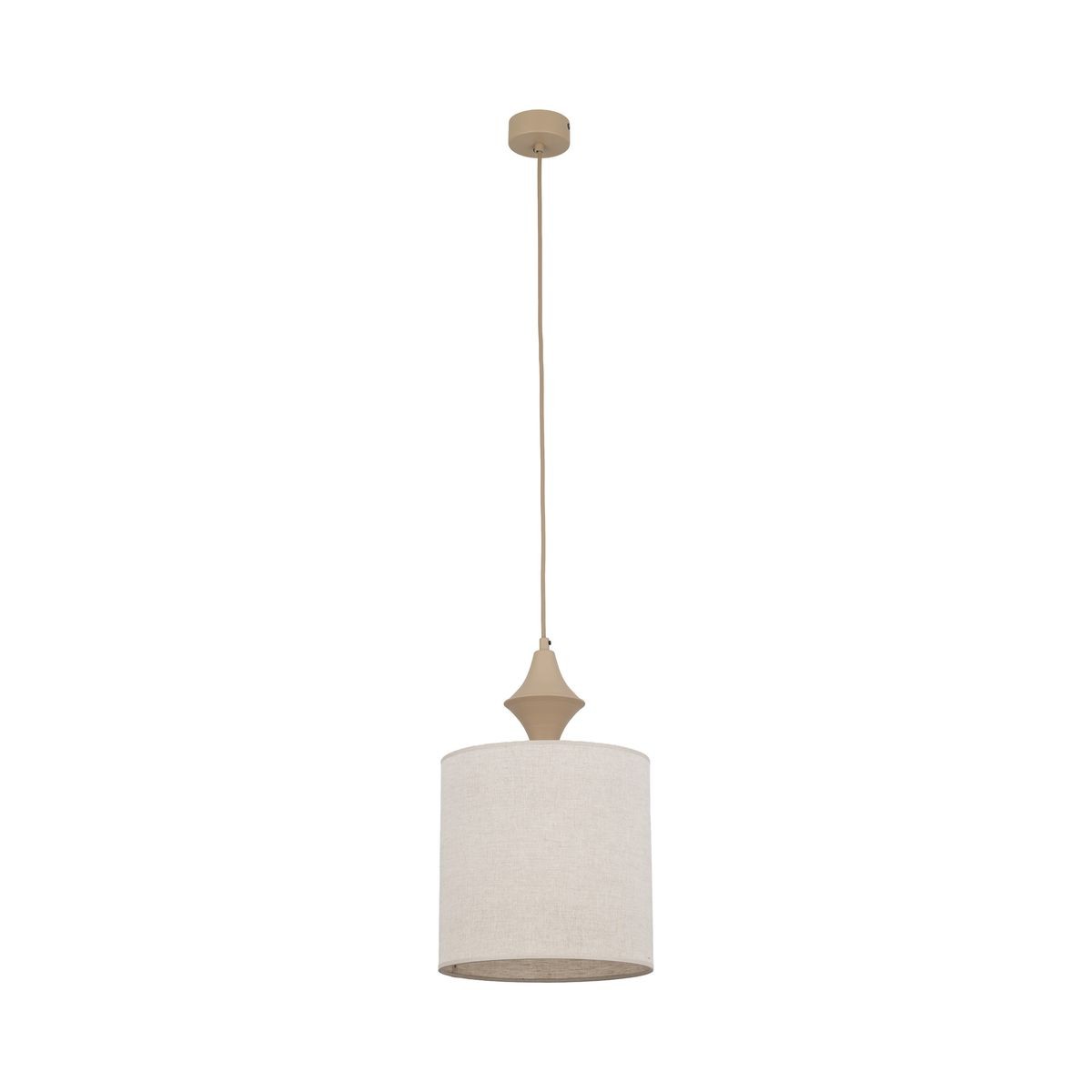Lampa wisząca Amura z kloszem w kolorze beżowym, wykonana z lnu. Posiada prosty, okrągły kształt oraz eleganckie wykończenie z delikatnym detalem na górze. Zawieszona na długim przewodzie, idealna do nowoczesnych wnętrz.