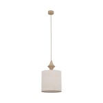 Lampa wisząca Amura z kloszem w kolorze beżowym, wykonana z lnu. Posiada prosty, okrągły kształt oraz eleganckie wykończenie z delikatnym detalem na górze. Zawieszona na długim przewodzie, idealna do nowoczesnych wnętrz.