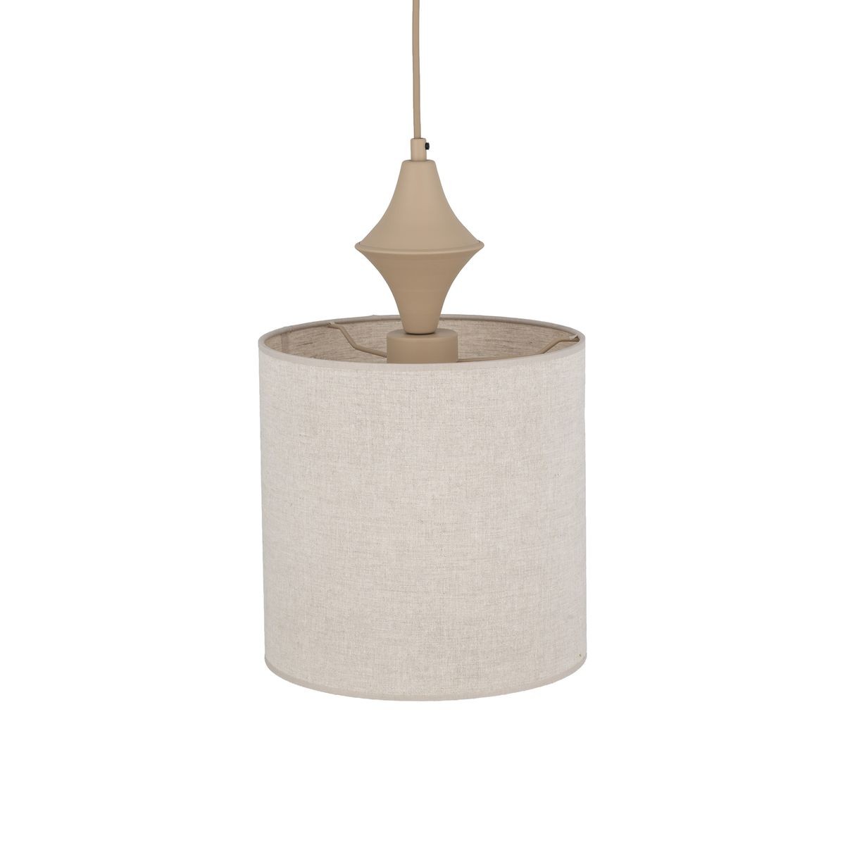 Lampa wisząca Amura 1xE27 w kolorze beżowym, wykonana z materiału przypominającego len. Okrągły klosz z widocznym gwintem na żarówkę, zawieszony na cienkim przewodzie. Kształt klosza cylindryczny, z klasycznym elementem mocującym u góry.