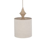 Lampa wisząca Amura 1xE27 w kolorze beżowym, wykonana z materiału przypominającego len. Okrągły klosz z widocznym gwintem na żarówkę, zawieszony na cienkim przewodzie. Kształt klosza cylindryczny, z klasycznym elementem mocującym u góry.
