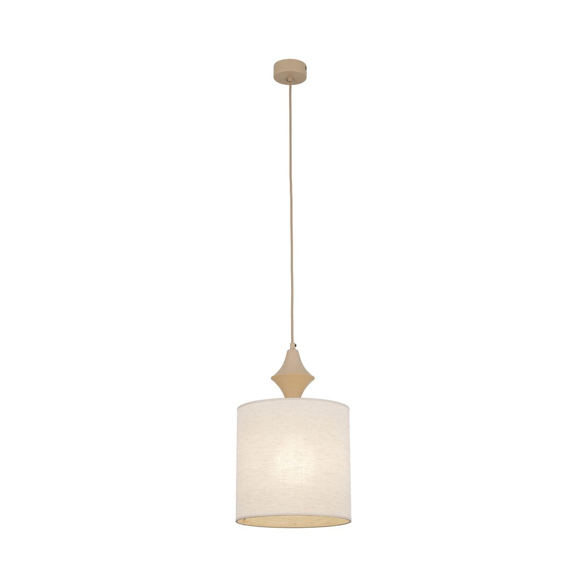Lampa wisząca Amura 1xE27 w kolorze beżowym, wykonana z lnu. Posiada cylindryczny klosz z teksturą, mocowana na długim kablu. Element dekoracyjny w formie stożkowego wykończenia u góry. Idealna do nowoczesnych wnętrz.