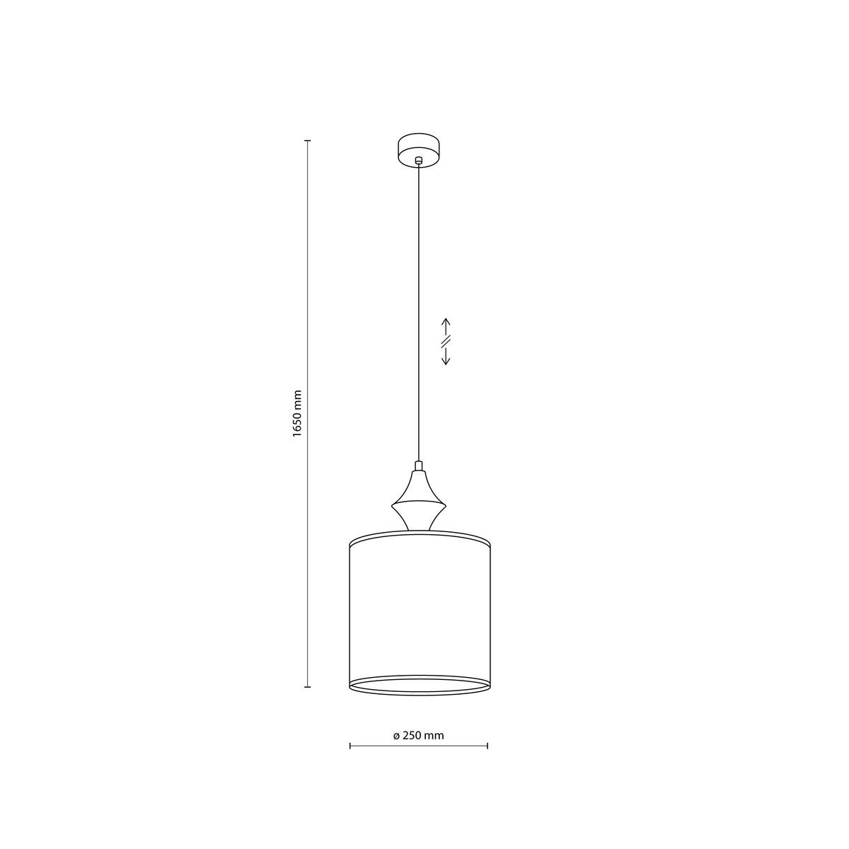 Beżowa lampa wisząca Amura z kloszem o średnicy 250 mm, zawieszona na regulowanym przewodzie o długości 1650 mm. Klosz ma okrągły kształt, wykonany z lnu. Elementy mocujące są widoczne u góry.
