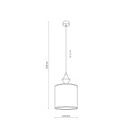 Beżowa lampa wisząca Amura z kloszem o średnicy 250 mm, zawieszona na regulowanym przewodzie o długości 1650 mm. Klosz ma okrągły kształt, wykonany z lnu. Elementy mocujące są widoczne u góry.