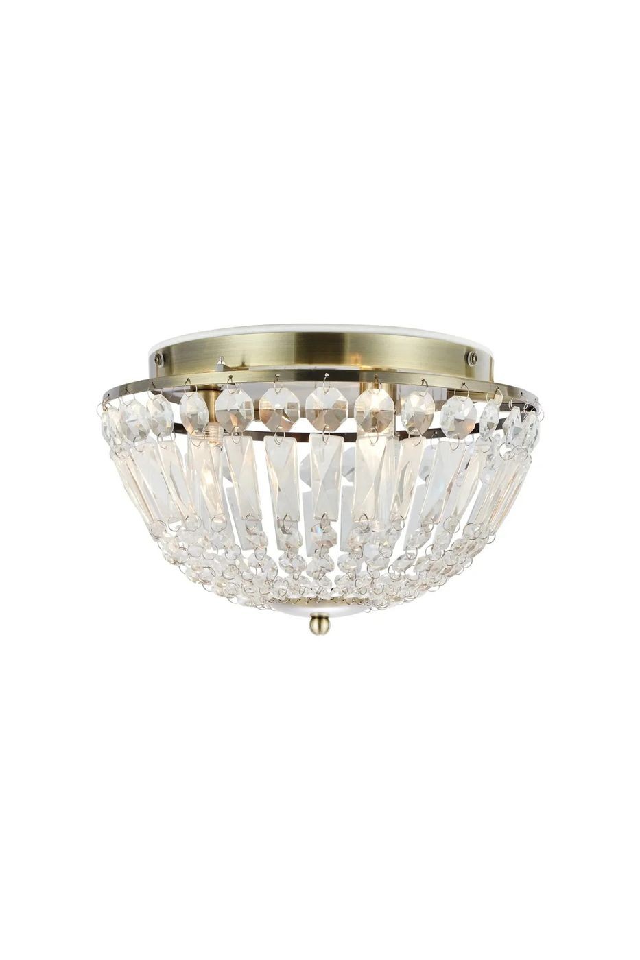 Lampa sufitowa Estelle w antycznym mosiądzu z trzema gniazdami G9. Okrągła, zdobiona przezroczystymi kryształkami i wiszącymi elementami. Ujęcie frontalne, zamontowana sufitowo, elegancka i dekoracyjna.