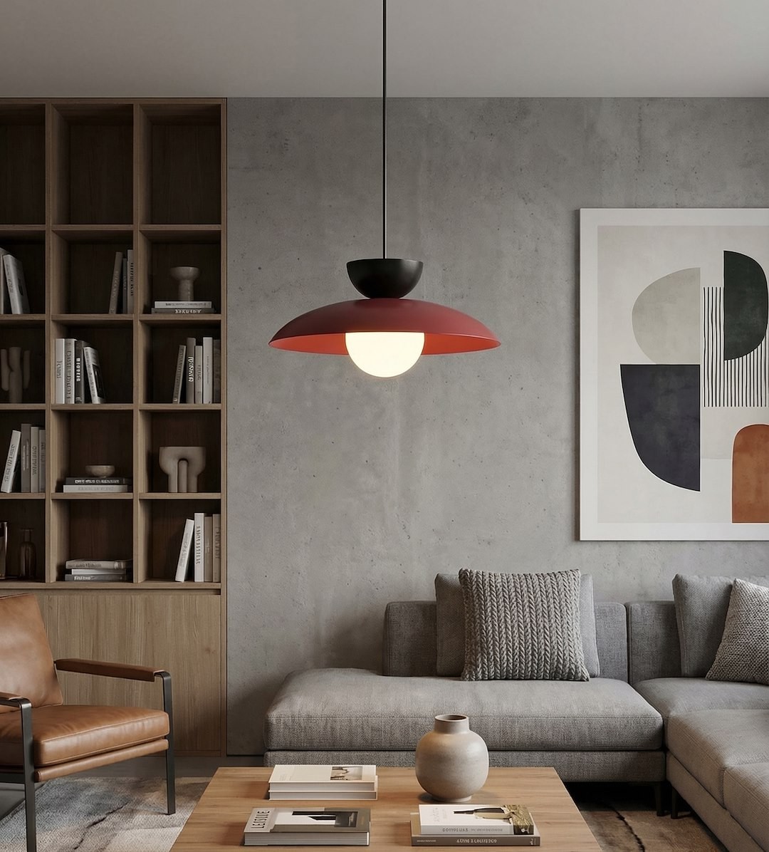 Lampa wisząca Mulan 1xG9 w kolorze burgundowym i czarnym, z okrągłym białym kloszem. Zawieszona na cienkim kablu, w aranżacji nowoczesnego salonu z drewnianymi regałami i szaro-beżową kanapą. W tle widoczna dekoracja ścienna.
