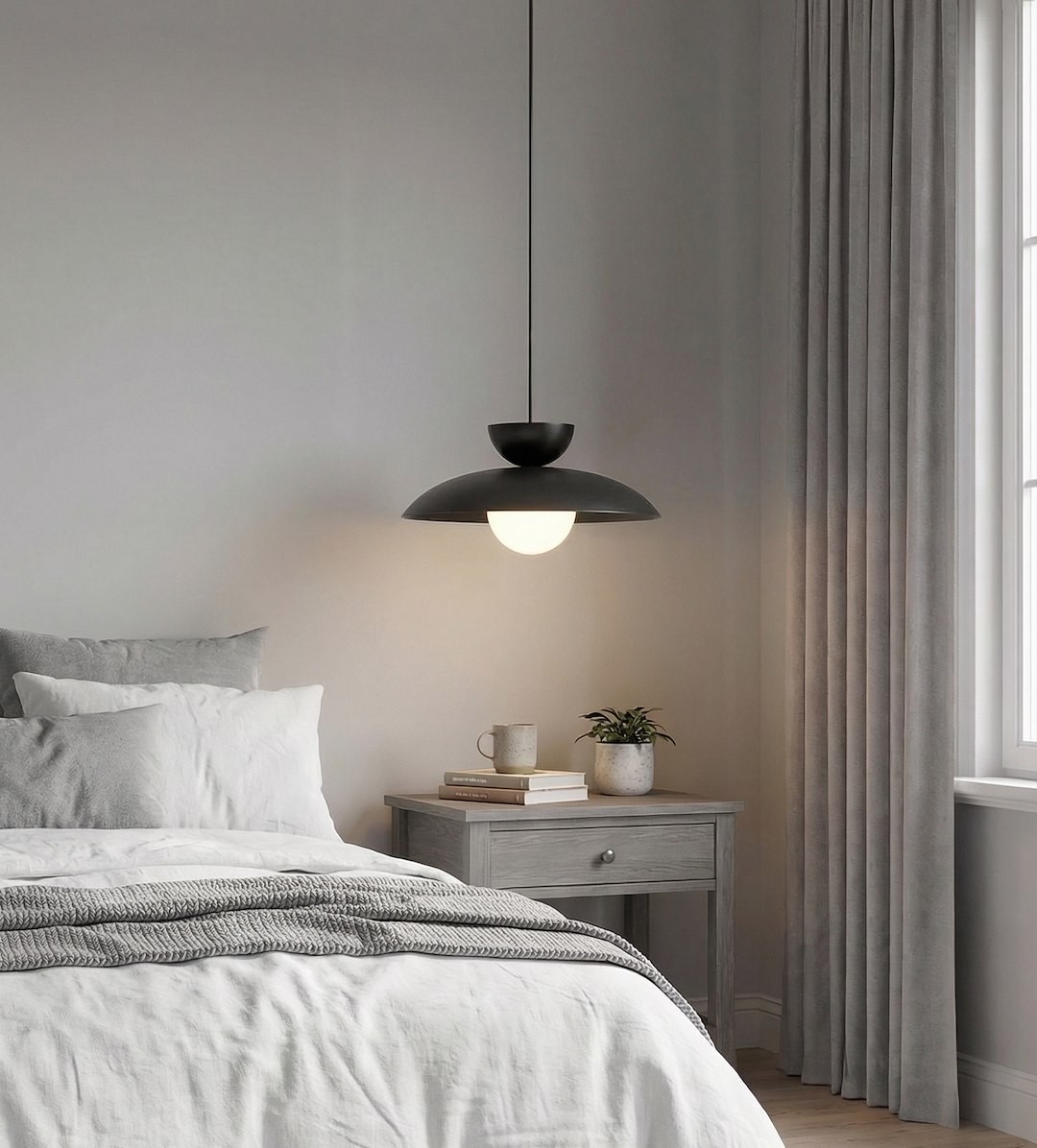 Lampa wisząca Mulan w kolorze czarnym z jedną oprawą G9, zawieszona nad łóżkiem w jasnej sypialni. Posiada okrągły klosz z przezroczystą częścią, umieszczona na tle szarych zasłon i drewnianej komody z rośliną.