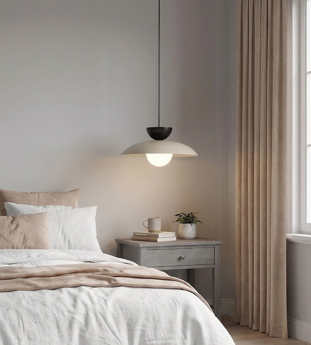 Lampa wisząca Mulan w kolorze mokka i czarnym, z pojedynczym źródłem światła G9. Zawieszona nad łóżkiem, z okrągłym kloszem w białym odcieniu i czarną osłoną. W tle beżowe zasłony i stół nocny z rośliną oraz filiżanką.