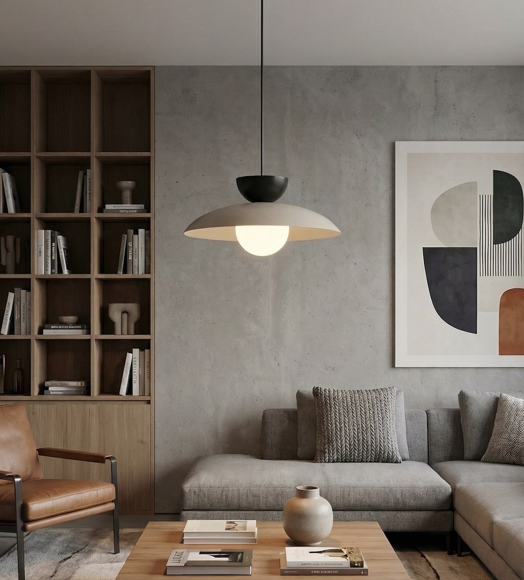 Lampa wisząca Mulan w kolorze mokka i czarnym, z jedną oprawą G9. Okrągła, matowa czasza z białym kloszem, zwisająca z cienkiego, czarnego kabla. W tle nowoczesny salon z szaro-beżowymi ścianami i drewnianymi meblami.