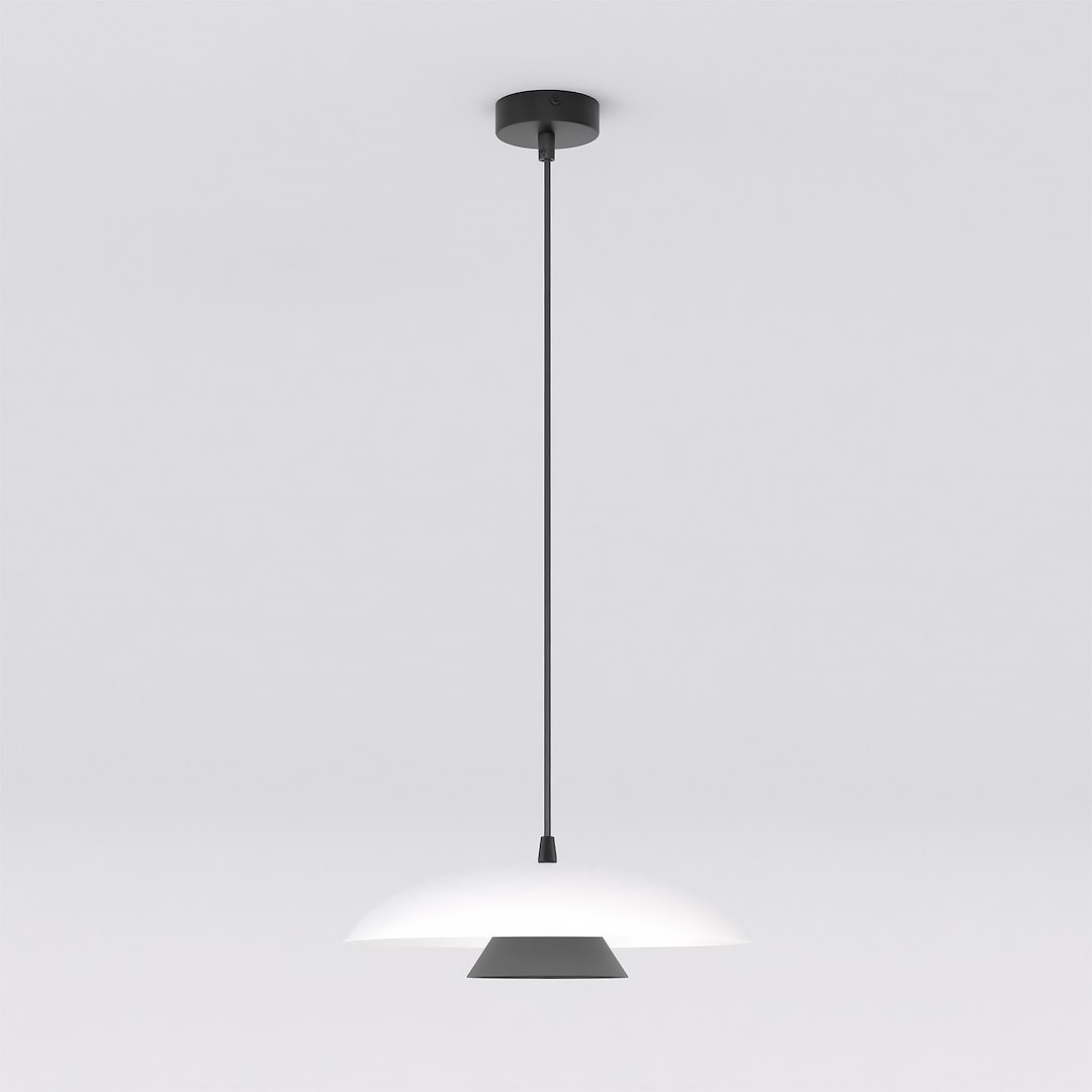 Lampa wisząca Babel 1xGX53 w kolorze czarnym i białym. Okrągły klosz w białym kolorze z czarną podstawą, zawieszona na cienkim przewodzie. Ujęcie z dołu, na jednolitym tle, podkreślające minimalistyczny design.