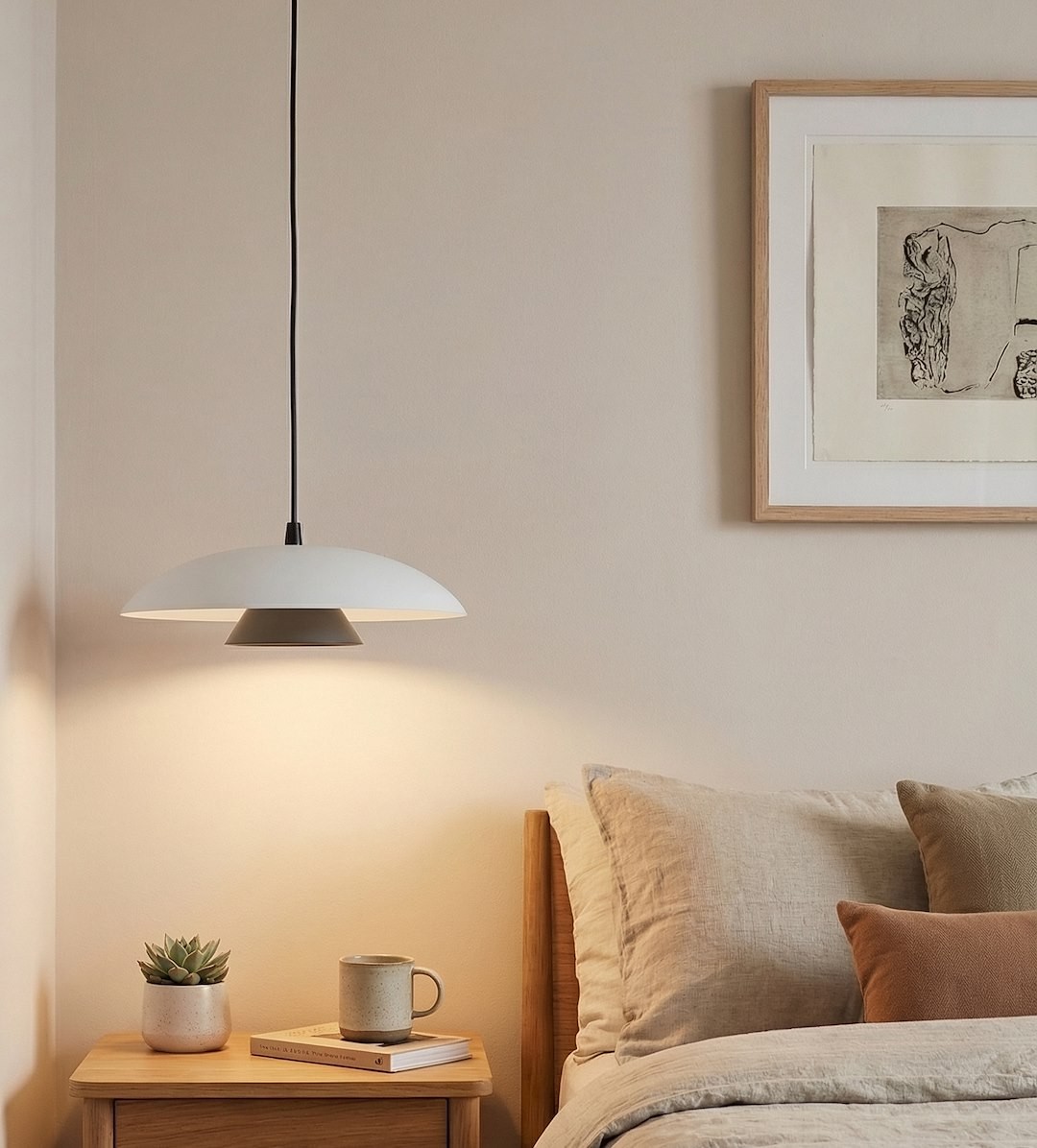 Lampa wisząca Babel 1xGX53 w kolorze czarnym i białym, o formie talerza, zawieszona na czarnym przewodzie. W tle widoczne przytulne wnętrze sypialni z drewnianą szafką nocną, filiżanką i rośliną.