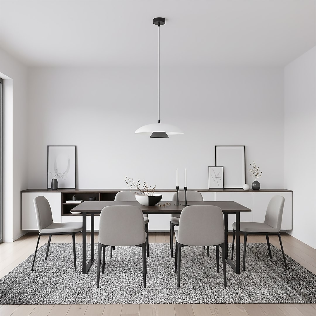 Lampa wisząca Babel 1xGX53 w kolorze czarnym i białym, zawieszona na długim kablu, umieszczona nad prostokątnym stołem w jasnej jadalni. W tle widoczne szare krzesła, minimalistyczne dekoracje i neutralne ściany.