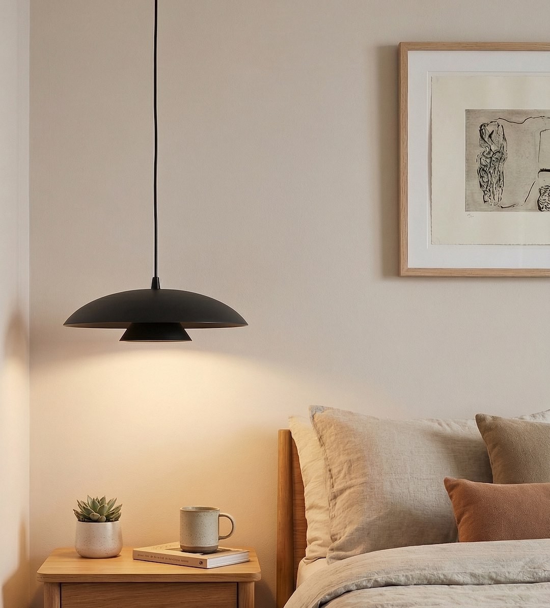 Lampa wisząca Babel 1xGX53 w kolorze czarnym z okrągłym kloszem, zawieszona nad stolikiem nocnym. W tle widoczne miękkie poduszki na łóżku oraz obraz na ścianie. Dodatki to filiżanka i roślina w doniczce.