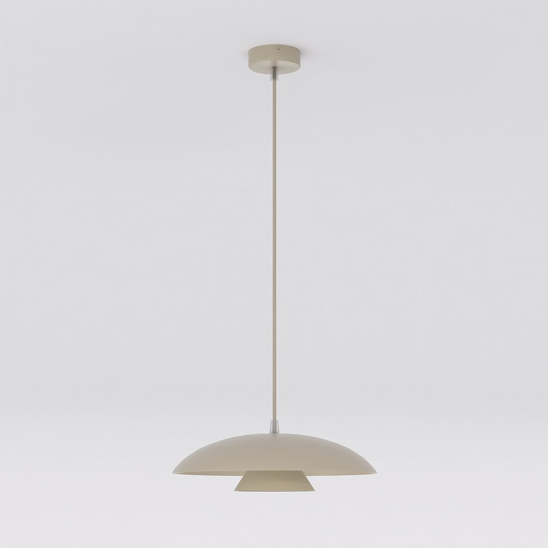 Lampa wisząca Babel w kolorze mokka, z jednym gniazdem GX53. Okrągła, metalowa osłona z dolnym kloszem w kształcie stożka, zawieszona na cienkim, prostym przewodzie. Tło jednolite, białe.