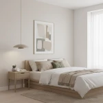 Lampa wisząca Babel 1xGX53 w kolorze mokka, zawieszona nad łóżkiem w nowoczesnej sypialni. Produkt ma okrągły klosz i minimalistyczny design. W tle widoczna jasna ściana oraz dekoracyjny obraz. Meble w odcieniach drewna i stonowane tekstylia.