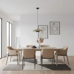 Lampa wisząca Babel 1xGX53 w kolorze czarnym i mokka, zawieszona nad stołem w jadalni. Okrągła, płaska czasza z metalowym wykończeniem, w otoczeniu nowoczesnych, jasnych krzeseł i stół na drewnianej podłodze.