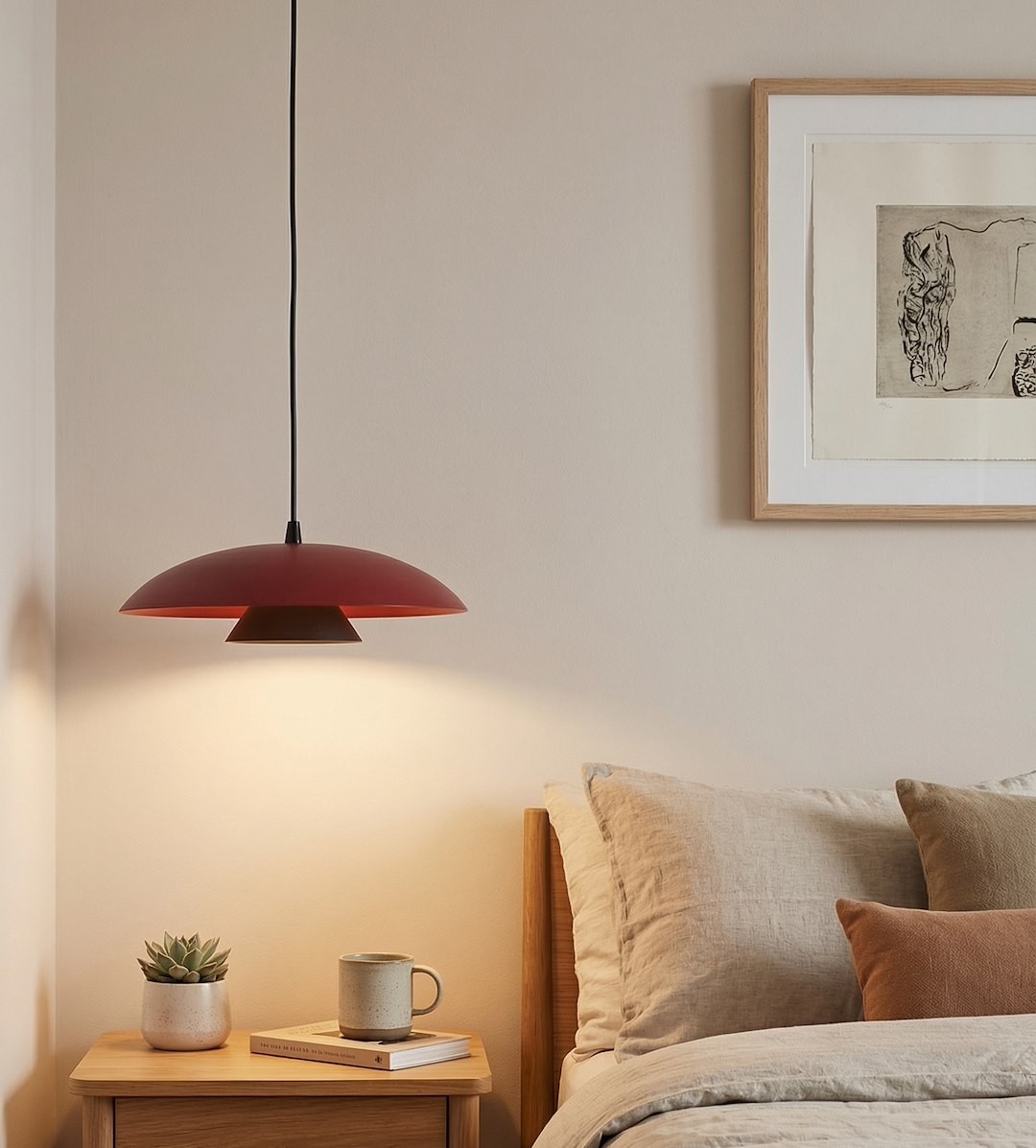 Lampa wisząca Babel 1xGX53 w kolorze burgundowym z czarnym kablem. Zawieszona nad stolikiem nocnym, o zaokrąglonym kształcie. W tle widoczna jasna ściana oraz elementy wystroju sypialni, takie jak poduszki i roślinność.