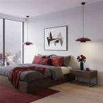 Lampa wisząca Babel 1xGX53 w kolorze czarnym i burgundowym, zawieszona nad łóżkiem w sypialni. Okrągła, płaska forma z metalowym wykończeniem, w otoczeniu poduszek w odcieniach burgunda oraz drewnianej szafki nocnej.