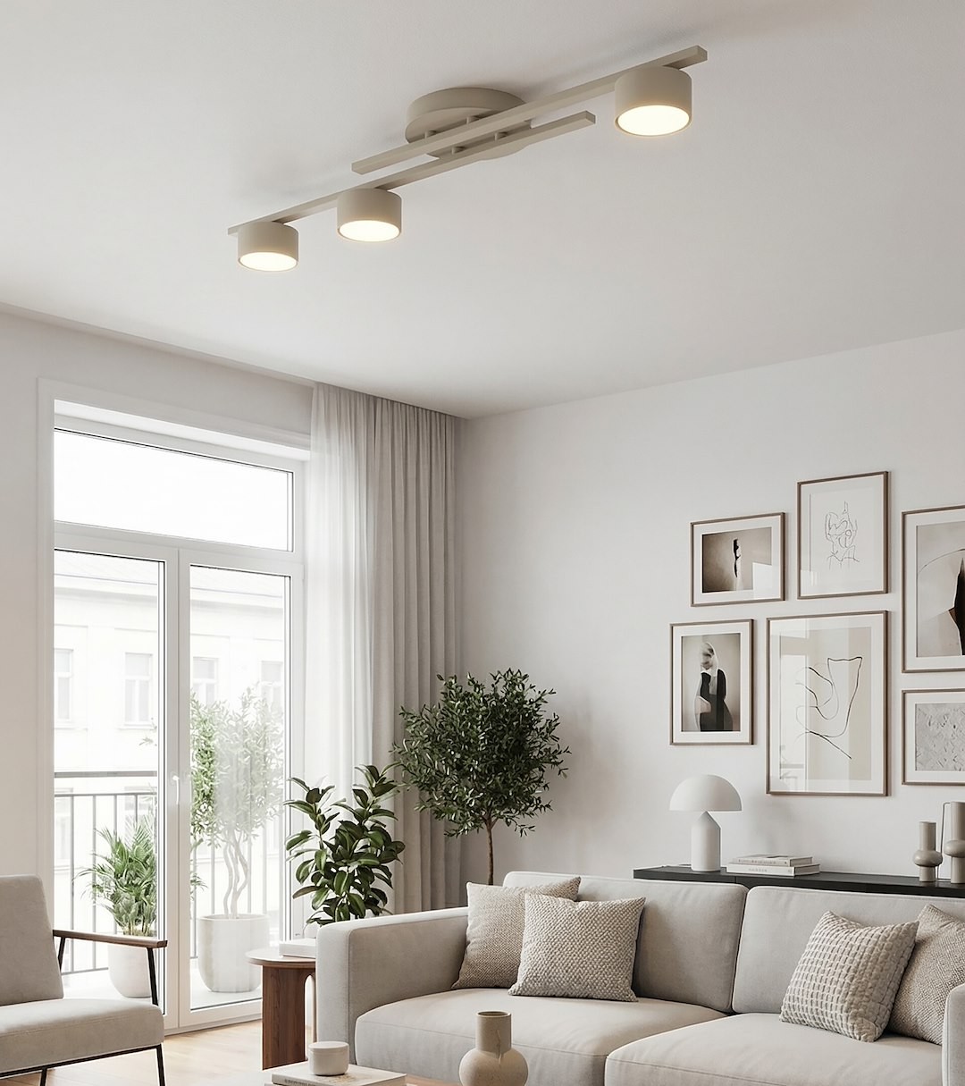 Fragment lampy sufitowej 3xGX53 w kolorze mokka, zamontowanej na suficie. Składa się z trzech okrągłych kloszy, umieszczonych na metalowej listwie, o minimalistycznym designie, idealnej do nowoczesnych wnętrz.