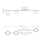 Lampa sufitowa w kształcie prostokąta z trzema okrągłymi kloszami. Wymiary: długość 73 cm, szerokość 14 cm, wysokość 9,5 cm. Klasyczny design, montaż sufitowy. Klosze o średnicy 8 cm. Prosta, minimalistyczna forma.