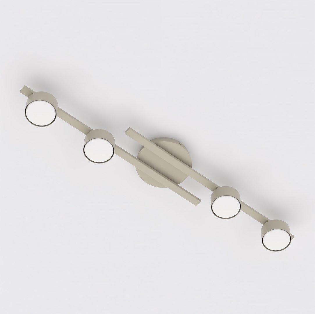 Fragment lampy sufitowej 4xGX53 w kolorze mokka, z czterema okrągłymi źródłami światła zamocowanymi na poziomej belce. Ujęcie z góry, pokazujące okrągłą podstawę oraz minimalistyczny design.